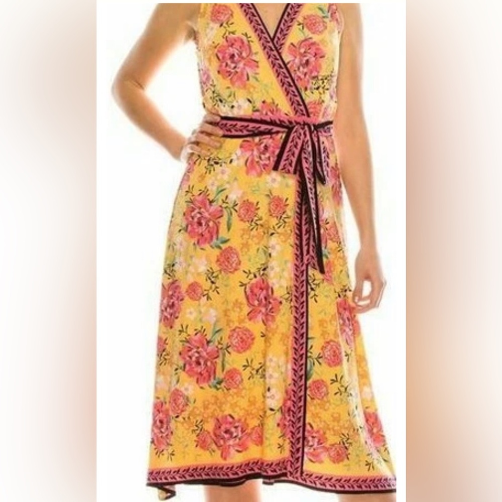 London Times Yellow and Pink Floral Midi Dress
Size 8